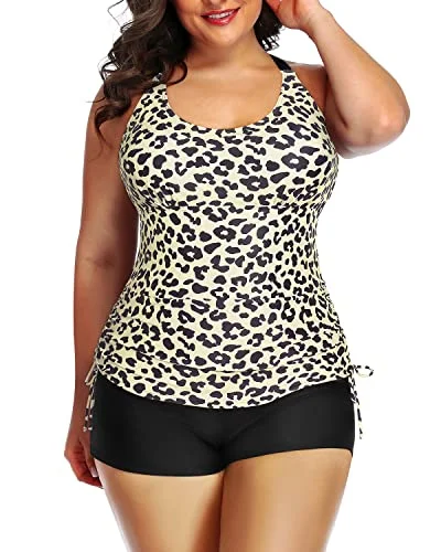 Step Ahead, Lead The Trend Round Scoop Neckline Bathing Suit Shorts-Beige Leopard Print