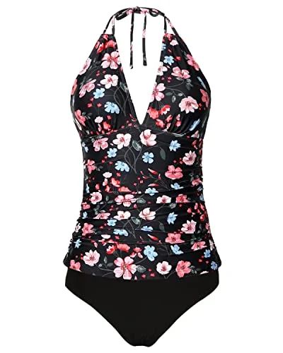 Effortless Style, Endless Impact Halter Tankini Swimsuits Tummy Control For Women-Black And Pink Floral