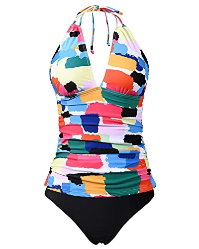 Quality Driven Apparel Halter V Neck Tankini Swimsuits Bikini Bottom Tummy Control Bathing Suits-Aqua