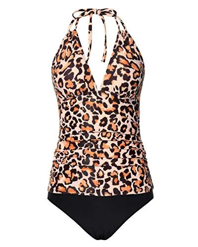 Premium Quality Garments Two Piece Sexy V Neck Tankini Swimsuits Open Back-Black And Leopard