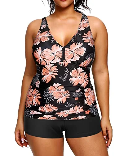 Season Sale Two Piece Plus Size Tankini Shorts Bathing Suits For Women-Black Orange Floral