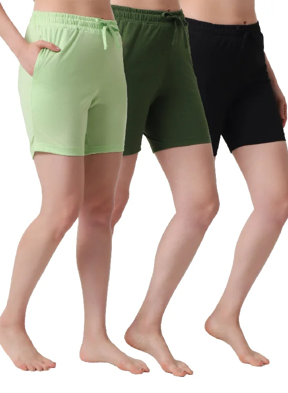 Style Redefined T.T. Women Regular Fit Poly Jersey Solid Short Pack Of 3-Black-Green-Olive