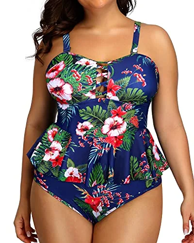 Chic And Edgy Criss Cross Design Plus Size Swimsuits For Women-Blue Floral