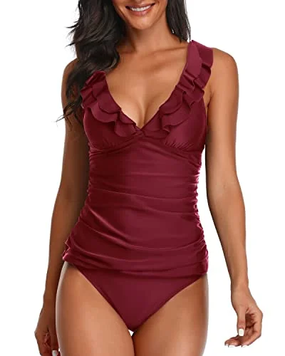 Evening Elegance 2 Piece Deep V Neck Swimwear Ruffle Flounce Tankini Swimsuits-Maroon