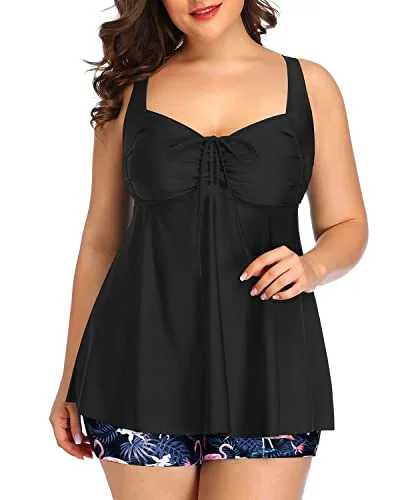 Innovate Your Wardrobe Slimming Plus Size Tankini Swimsuits Boy Shorts For Women-Black Flamingo