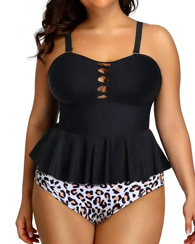 Comfortable Chic Lace Up Modest Coverage Plus Size Swimsuits For Women-Black And Leopard