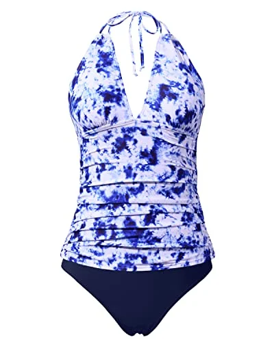 Stylish Basics Halter Tankini Swimsuits V Neck Tops Bikini Bottom Tummy Control Swimwear-Blue Tie Dye