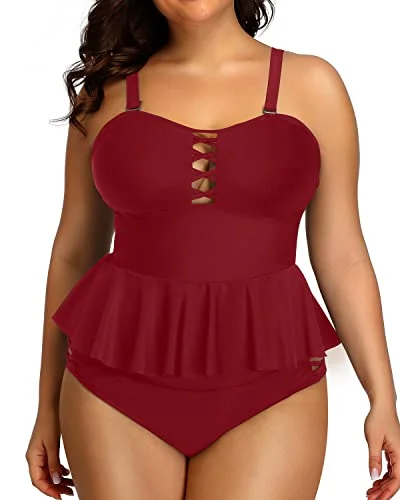 Buy More, Save More Plus Size Peplum Tankinis Tummy Control And High Waisted Bikini Bottoms-Maroon