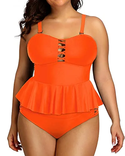 New Arrivals Lace Up Built In Padded Bra Plus Size Bathing Suits For Women-Neon Orange