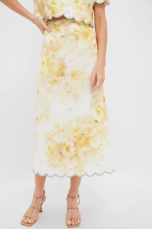 Special Offers Yellow Floral Crush Scalloped Midi Skirt