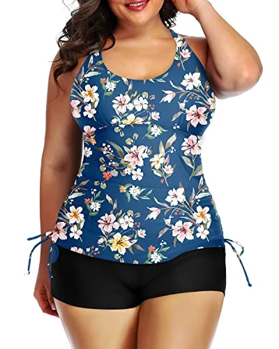 Style Streetwear Women's Plus Size Flattering Tankini Set To Hide Mom Belly 2 Piece Swimwear-Blue Flower