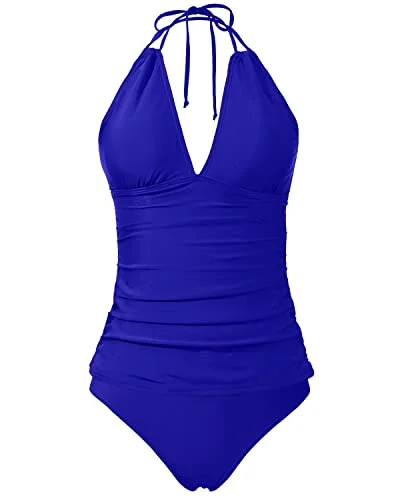 Trendsetting Threads Two Piece Halter Tankini Swimsuits Bikini Bottom For Women-Royal Blue