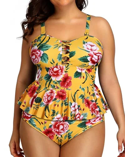 Summer Deals Lace Up Retro Ruffle Tankini Tops Lace Strappy Sides Bikini Bottoms-Yellow Floral