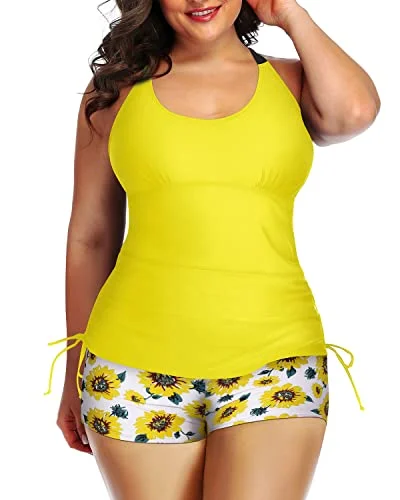 Signature Style Essentials Strappy Hollow-Out Back Plus Size Tankini Swimsuit-Yellow And Sunflower