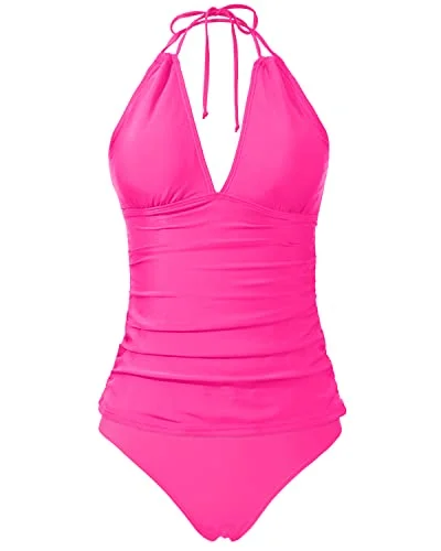 Comfort Centric Apparel Two Piece Tummy Control Tankini Swimsuit Self Tie Straps-Neon Pink