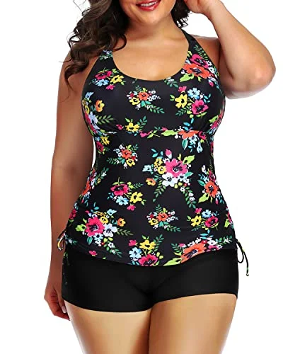 Women's Fashion Hotspots Women's Plus Size Tankini Swimsuit Shorts Athletic 2 Piece Swimwear-Black Floral