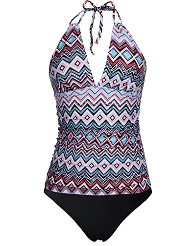 Cutting Edge Fashion V-Neck Tankini Tops Bikini Bottoms For Women-Black Tribal