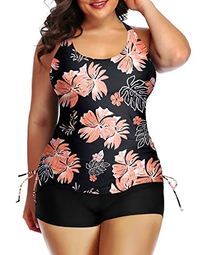 Season Appropriate Women's Collection Full Coverage Plus Size Bathing Suit For Women Two Piece Ruched Swimsuit-Black Orange Floral