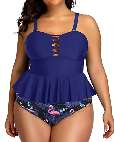 Trendy Aesthetics Lace Strappy Sides Bikini Bottoms Plus Size Swimsuits For Women-Blue Flamingo