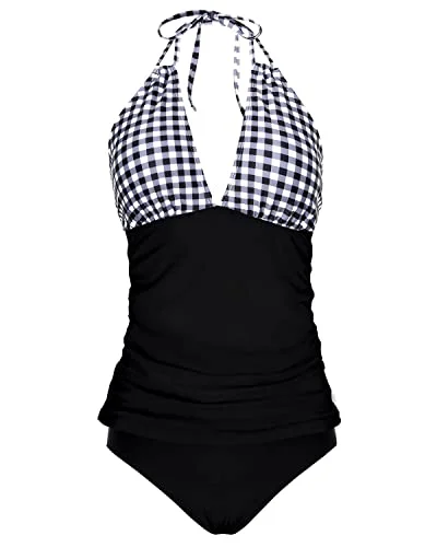 Comfort Meets Fashion Backless V Neck Tankini Tops Ruched Bathing Suit-Black Plaid