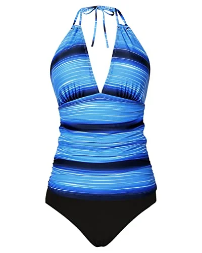 Special Offer Women's Halter Tankini V Neck Tops & Bikini Bottom Bathing Suit-Blue And Black Stripe