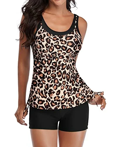 Fast Fashion Favorites Women's Slimming Two Piece Tankini Swimsuits Shorts-Black And Leopard