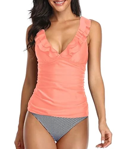 Save Big Women's Plunging Deep V Neck Swimwear Ruched Design-Coral Pink Stripe