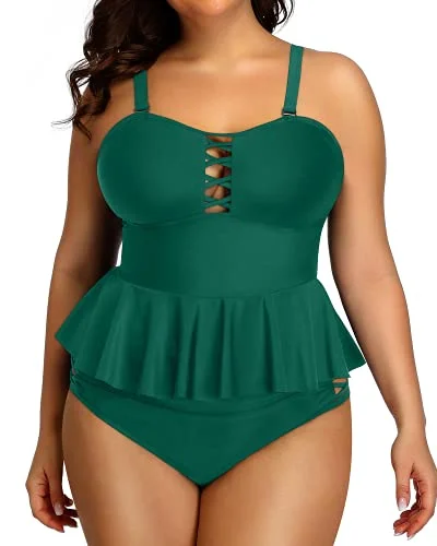 Crazy Discounts, Hurry Up Women's Lace Up Plus Size Tummy Control Swimsuit-Emerald Green