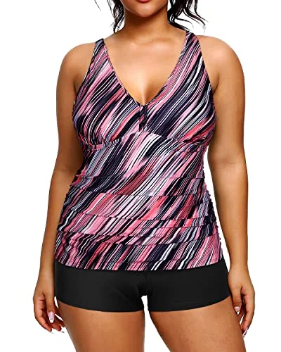 Trend Alert Athletic Plus Size Swimsuits Shorts Tummy Control Tankini Bathing Suits-Pink Stripe