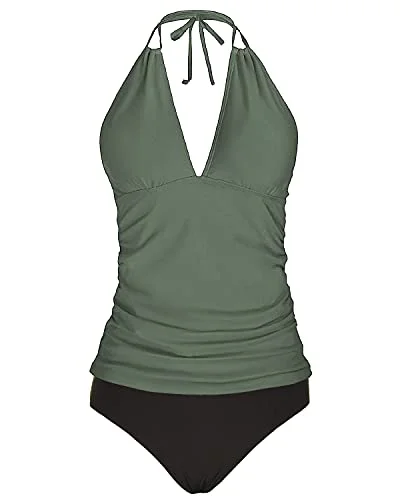 Special Occasion Wear Women's V Neck Tankini Top Tummy Control Halter Swimsuit-Olive Green