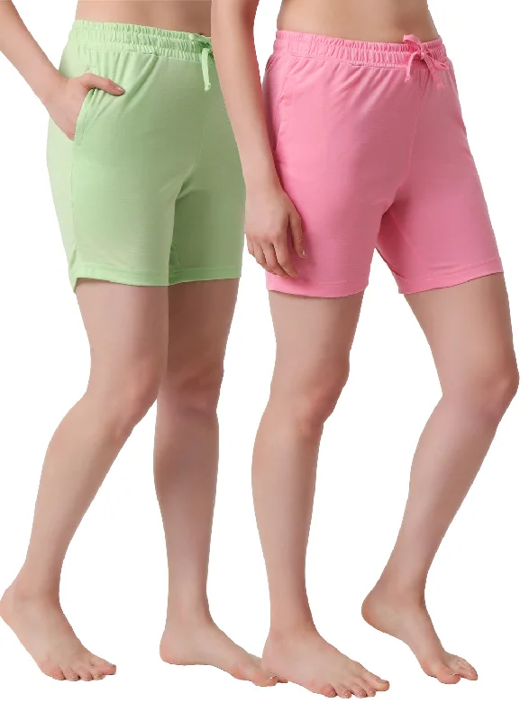 Refined Look T.T. Women Regular Fit Poly Jersey Solid Short Pack Of 2-Green-Pink