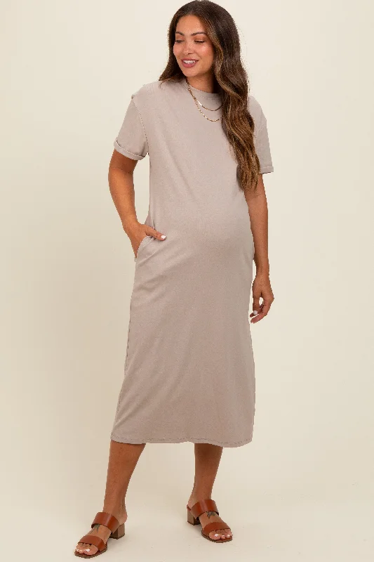 New Arrivals Beige Basic Side Slit Maternity Midi Dress