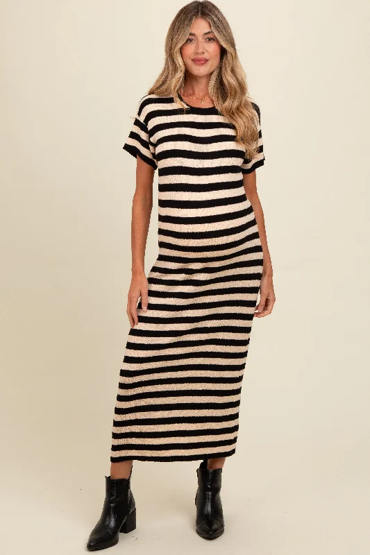 Premium Quality Garments Beige Striped Knit Maternity Midi Dress