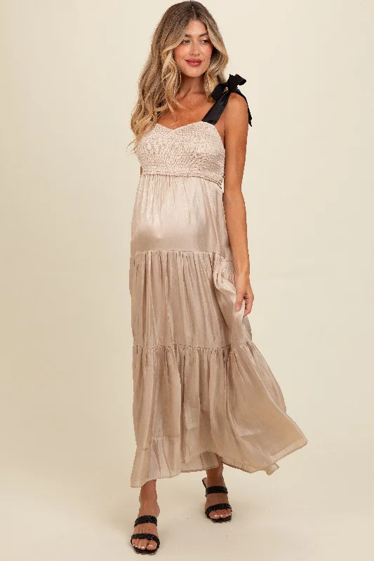 Rustic Countryside Charm Look Beige Tiered Satin Tie-Strap Maternity Maxi Dress