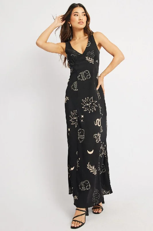 Exclusive Designer Collection Black Abstract Midi Dress V Neck Sleeveless