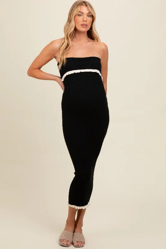 New In This Season Black Contrast Trim Maternity Strapless Knit Dress