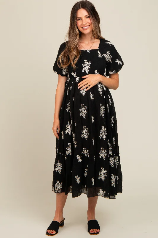 Elevated Style Black Floral Print Ruffle Hem Maternity Midi Dress