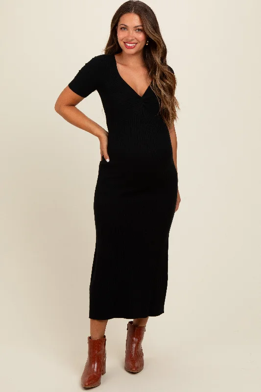 Mega Sale Black Knit Twisted V-Neck Maternity Maxi Dress