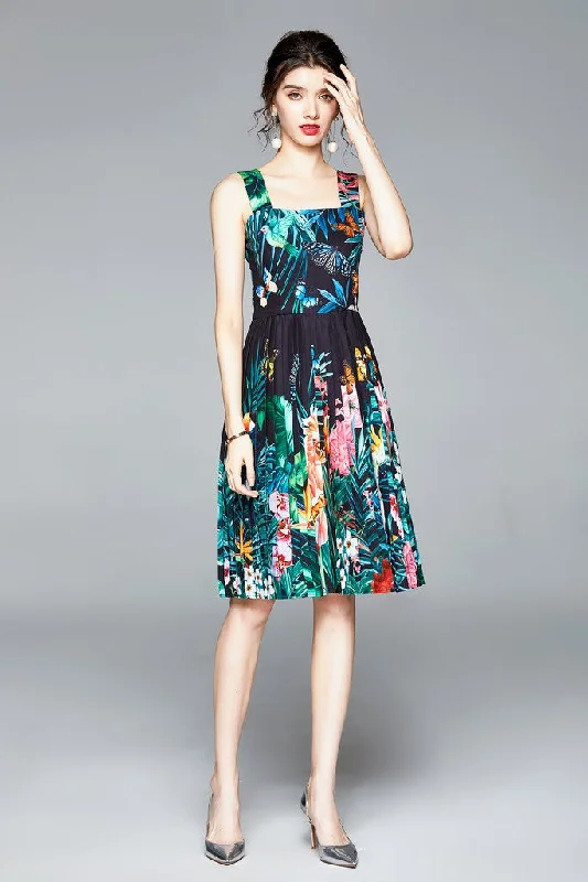 Great Prices On Feminine Styles Black & Multicolor print A-line Off The Shoulder Strap Knee Printed Dress