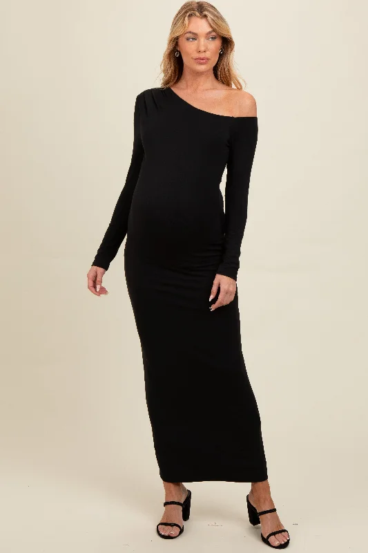 Boutique Styles Black One Shoulder Long Sleeve Maternity Midi Dress