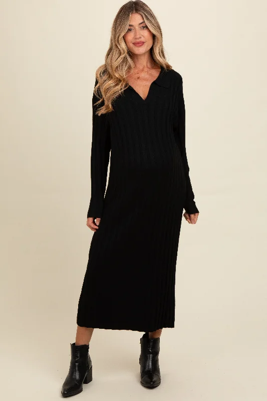 Sustainable Fashion Extravaganza Black Ribbed Collared Maternity Midi Sweater Dress