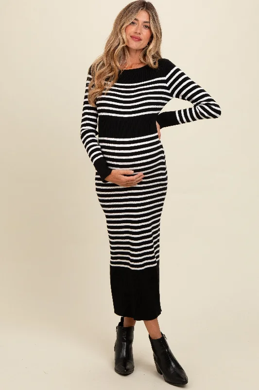 Versatile Style Wardrobe Black Striped Maternity Midi Sweater Dress