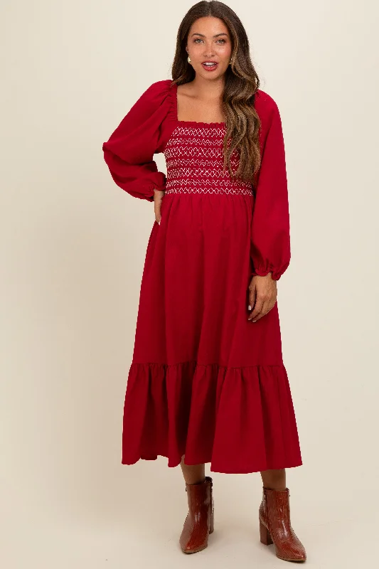 Limited Time Offer Burgundy Contrast Smocked Balloon Sleeve Maternity Midi Dress