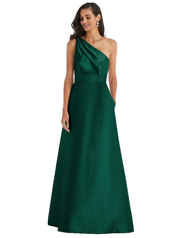 Modern Glamour Draped One-Shoulder Satin Maxi Dress with Pockets