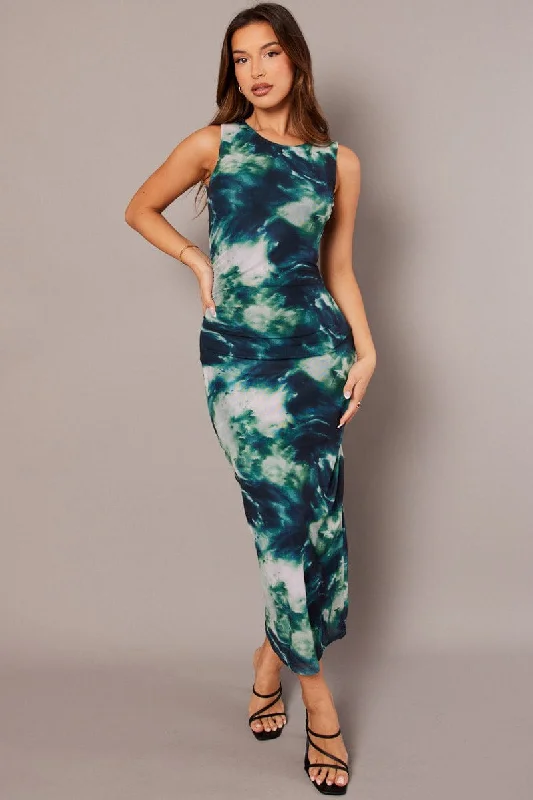 Clearance Event Green Abstract Bodycon Dress Sleeveless