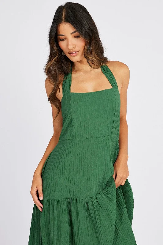 Fashion Sale Green Maxi Dress Square Neck Tiered