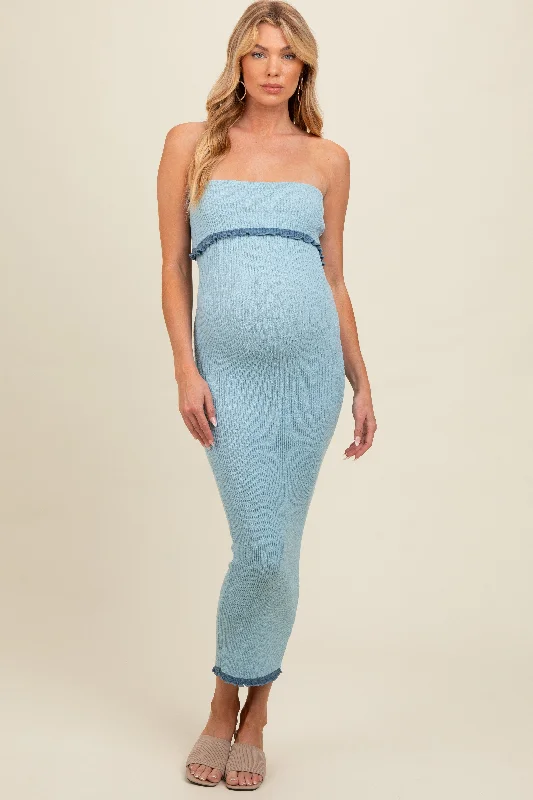 Chic Allure Light Blue Contrast Trim Maternity Strapless Knit Dress