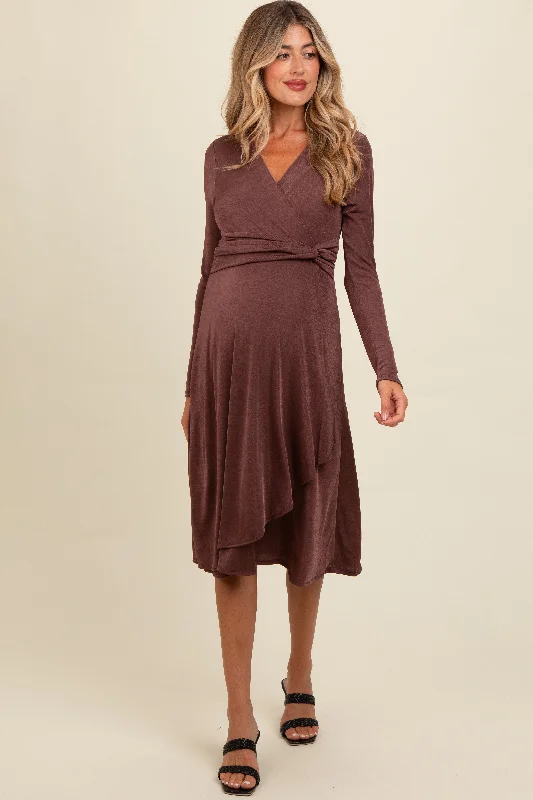 Effortless Comfort Mauve Metallic Twist Detail Wrap Maternity Midi Dress