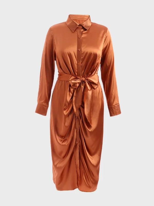 Holiday Glam Midsize Glisten Satin Ruching Midi Dress