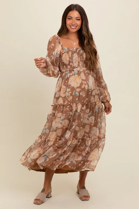 Style Streetwear Mocha Floral Square Neck Smocked Maternity Midi Dress